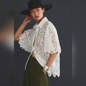 ANTHROPOLOGIE MAEVE CUTOUT LACE BUTTONDOWN SHIRT SHORT SLEEVE BLOUSE TOP WHITE M